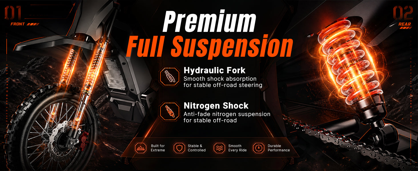 Heavy-duty hydraulic front fork and nitrogen rear shock suspension
